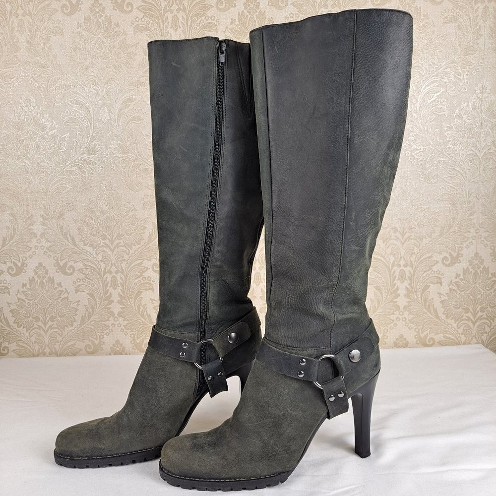 Gianni Bini Hercules Size 9.5M Gray Leather Knee High Boot Removable Strap
